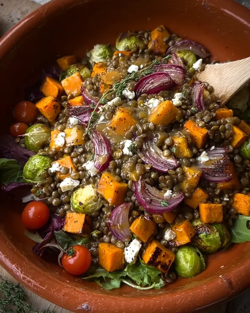 Roasted Veggie Lentil Salad with Maple-Mustard Dressing