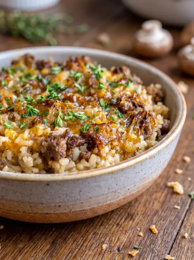 Cheesy French Onion Beef Rice Casserole